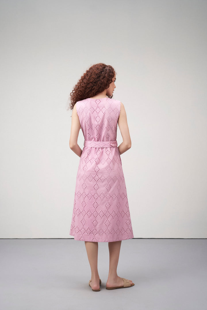 Cotton Embroidered Eyelet Split Neck Sleeveless Dress For Women Ladies Pink Green Color Back Model View | Women's Pink Cotton Sleeveless Relaxed Fit Eyelet Cutwork Dress 