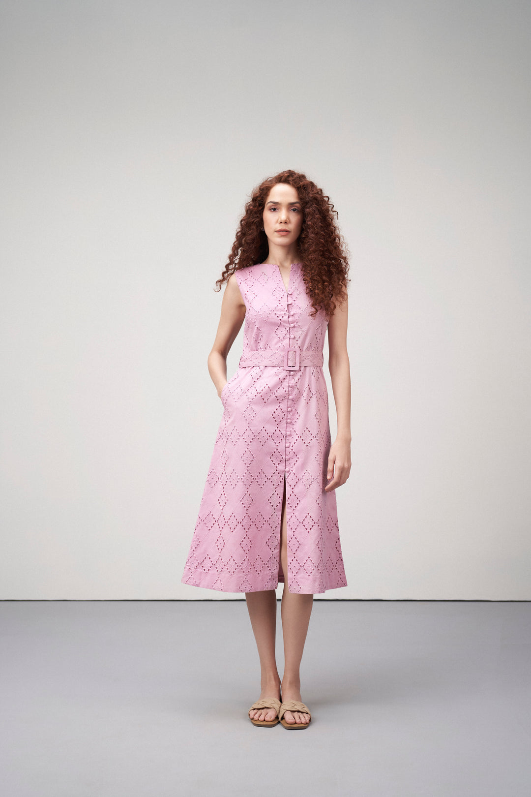 Cotton Embroidered Eyelet Split Neck Sleeveless Dress For Women Ladies Pink Green Color Front Model View | Women's Pink Cotton Sleeveless Relaxed Fit Eyelet Cutwork Dress 
