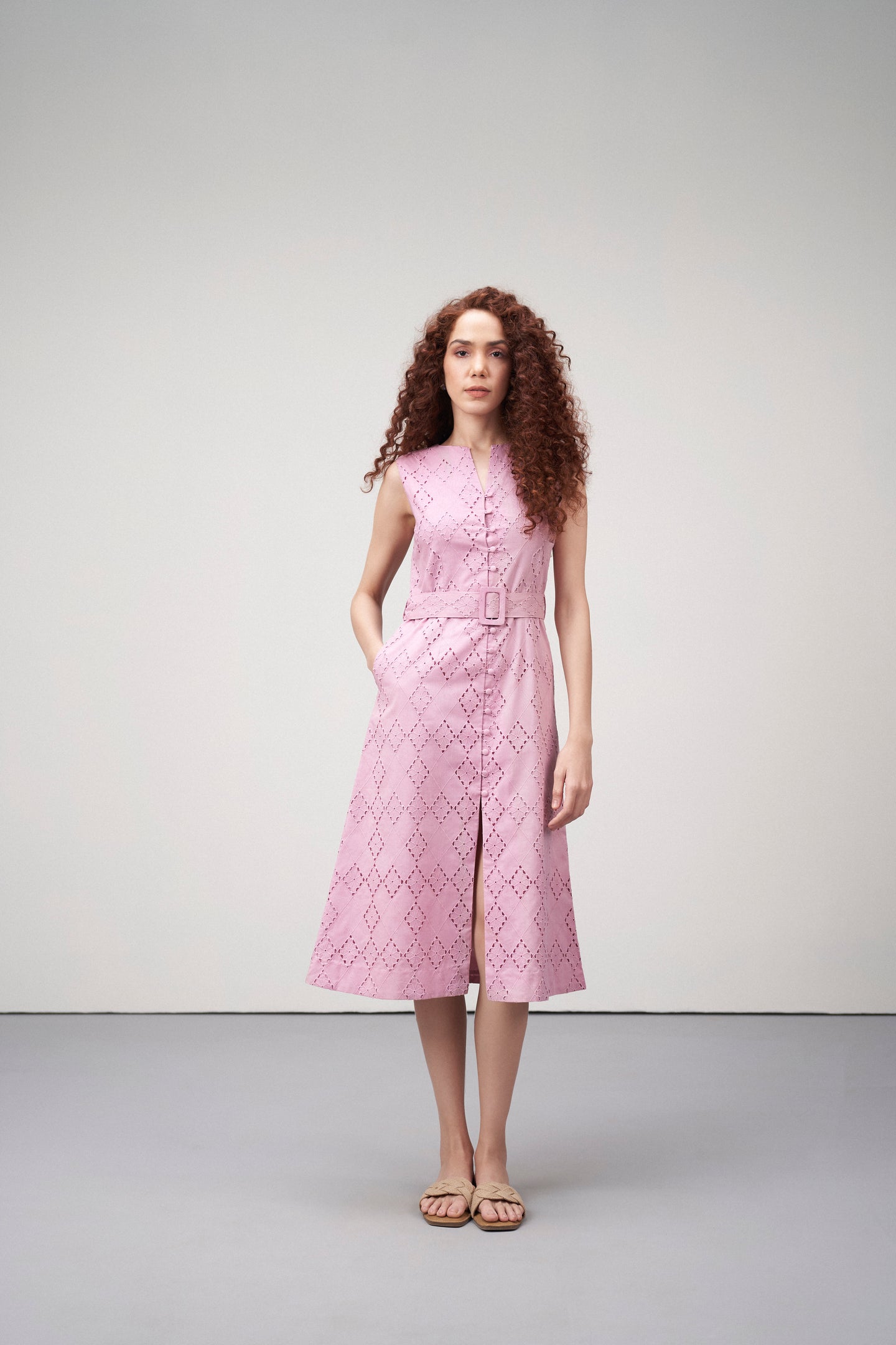 Cotton Embroidered Eyelet Split Neck Sleeveless Dress For Women Ladies Pink Green Color Front Model View | Women's Pink Cotton Sleeveless Relaxed Fit Eyelet Cutwork Dress 