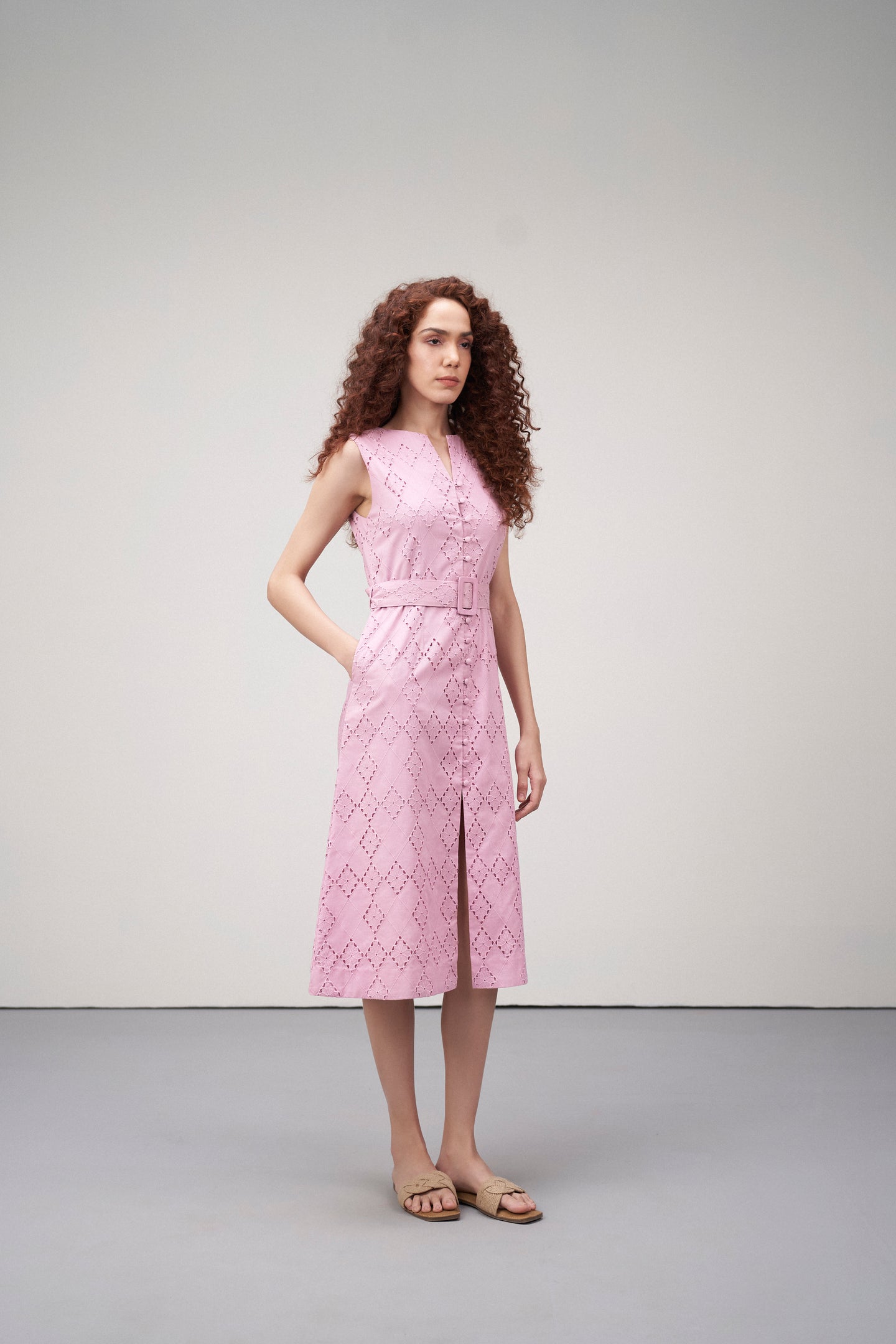Cotton Embroidered Eyelet Split Neck Sleeveless Dress For Women Ladies Pink Green Color Side Model View | Women's Pink Cotton Sleeveless Relaxed Fit Eyelet Cutwork Dress 