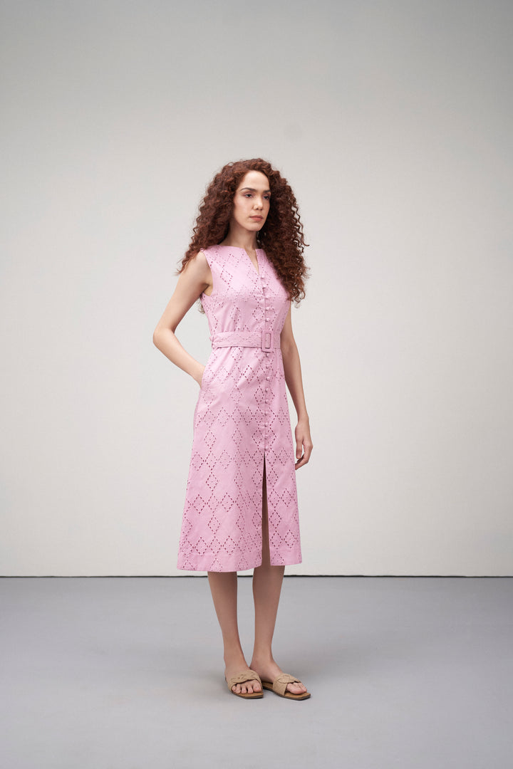 Cotton Embroidered Eyelet Split Neck Sleeveless Dress For Women Ladies Pink Green Color Side Model View | Women's Pink Cotton Sleeveless Relaxed Fit Eyelet Cutwork Dress 