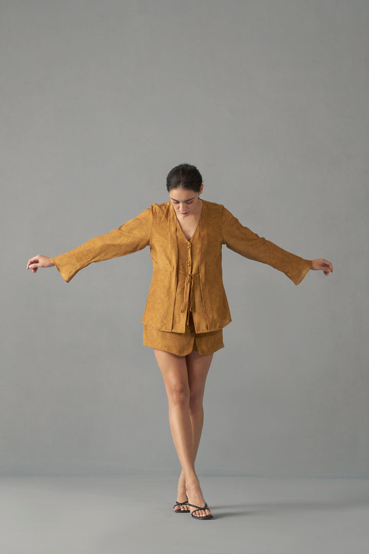 Printed Tie-Up Top | Mustard Stylish Tops for Women | frontside view | fancy tops for women​
