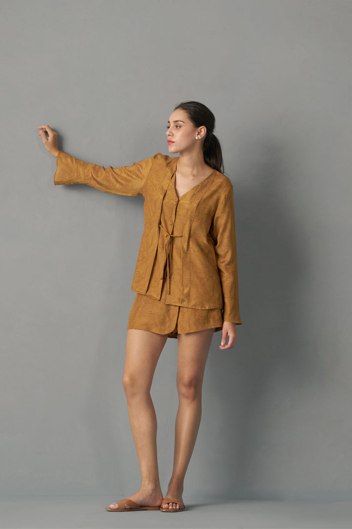 Printed Tie-Up Top | Mustard Stylish Tops for Women | long sleeve design | fancy tops for women​
