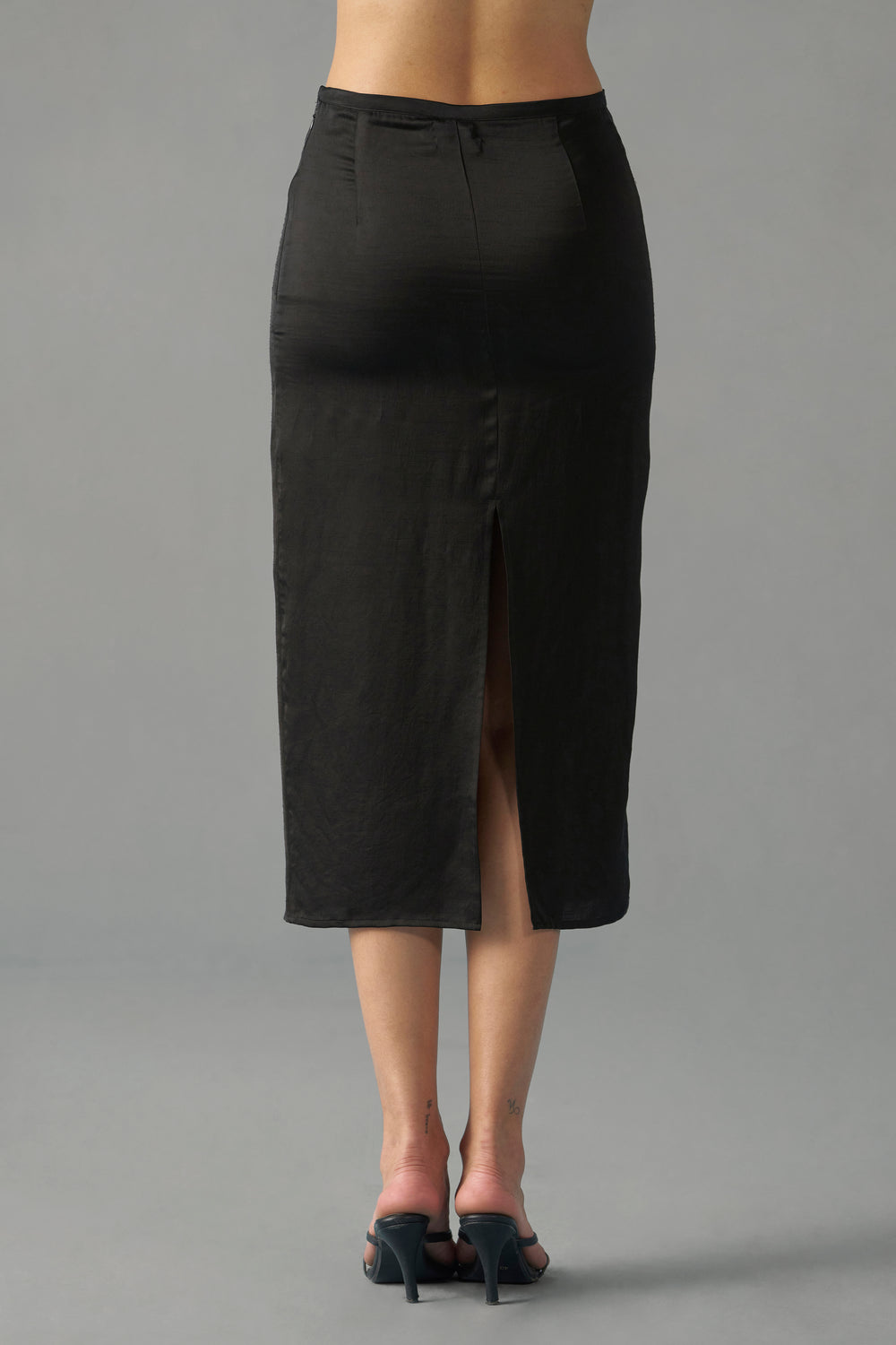Black Satin Midi Skirt for Women | Pencil Midi Skirt | backside full view