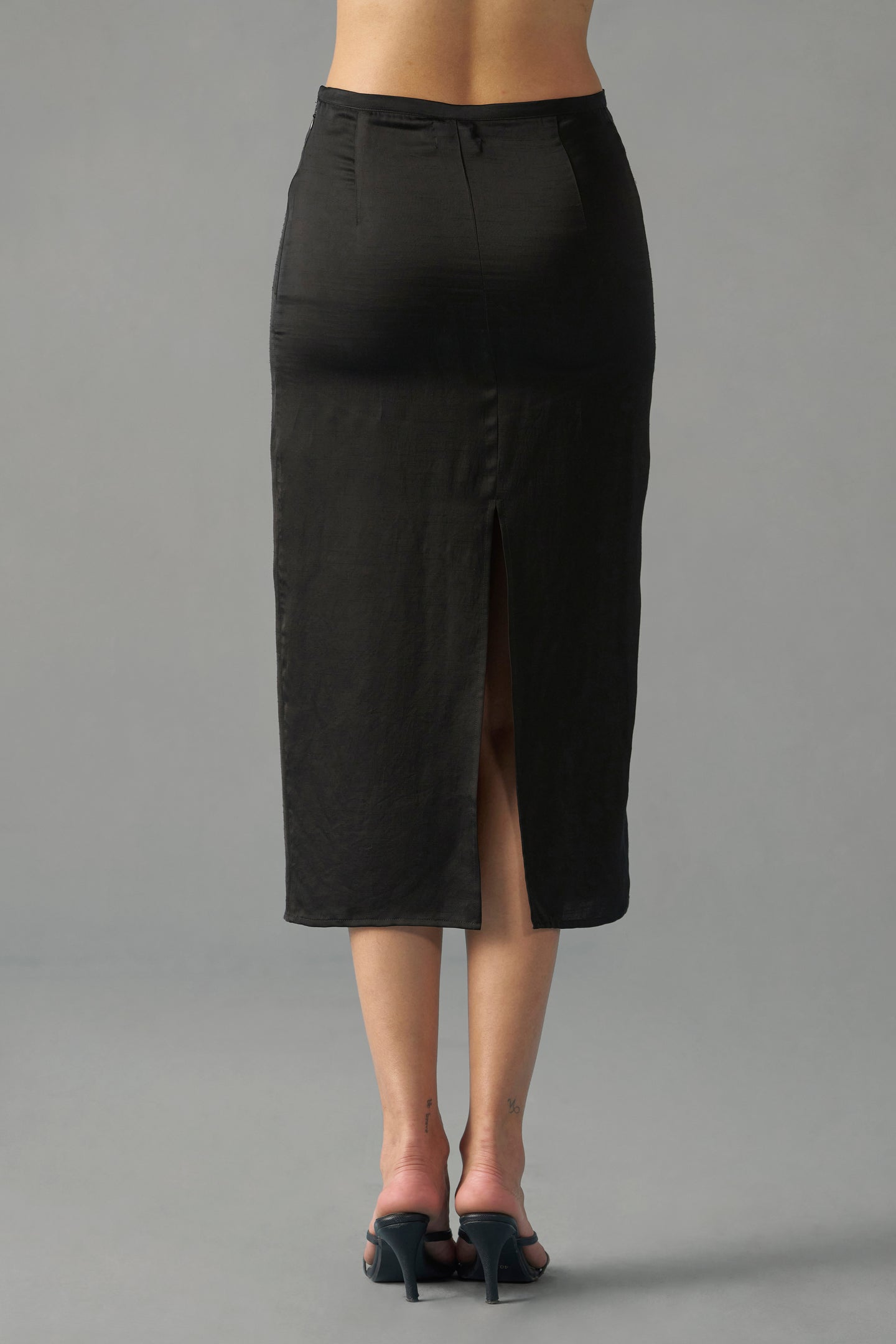 Black Satin Midi Skirt for Women | Pencil Midi Skirt | backside full view