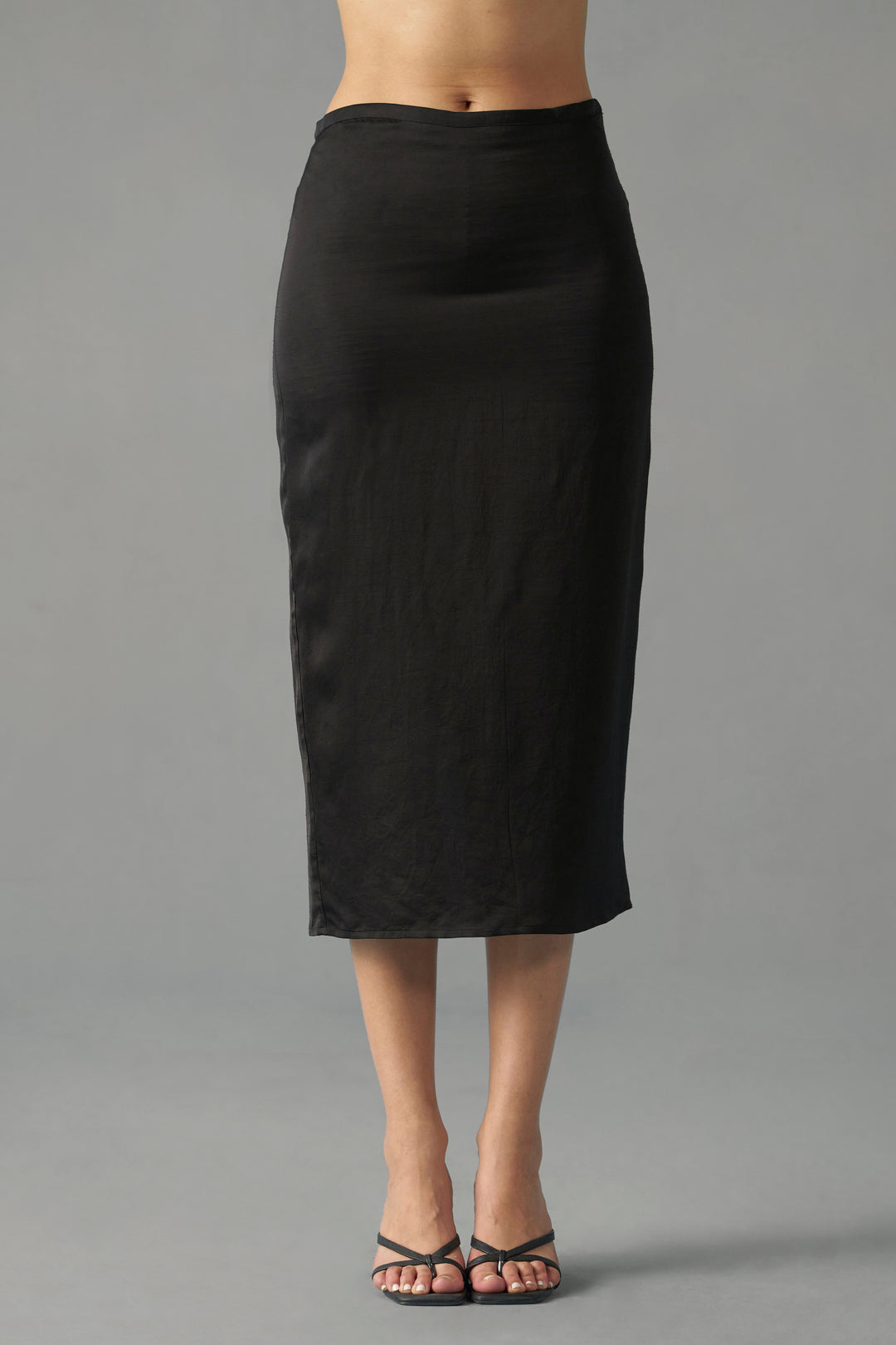Black Satin Midi Skirt for Women | Pencil Midi Skirt| frontside full view