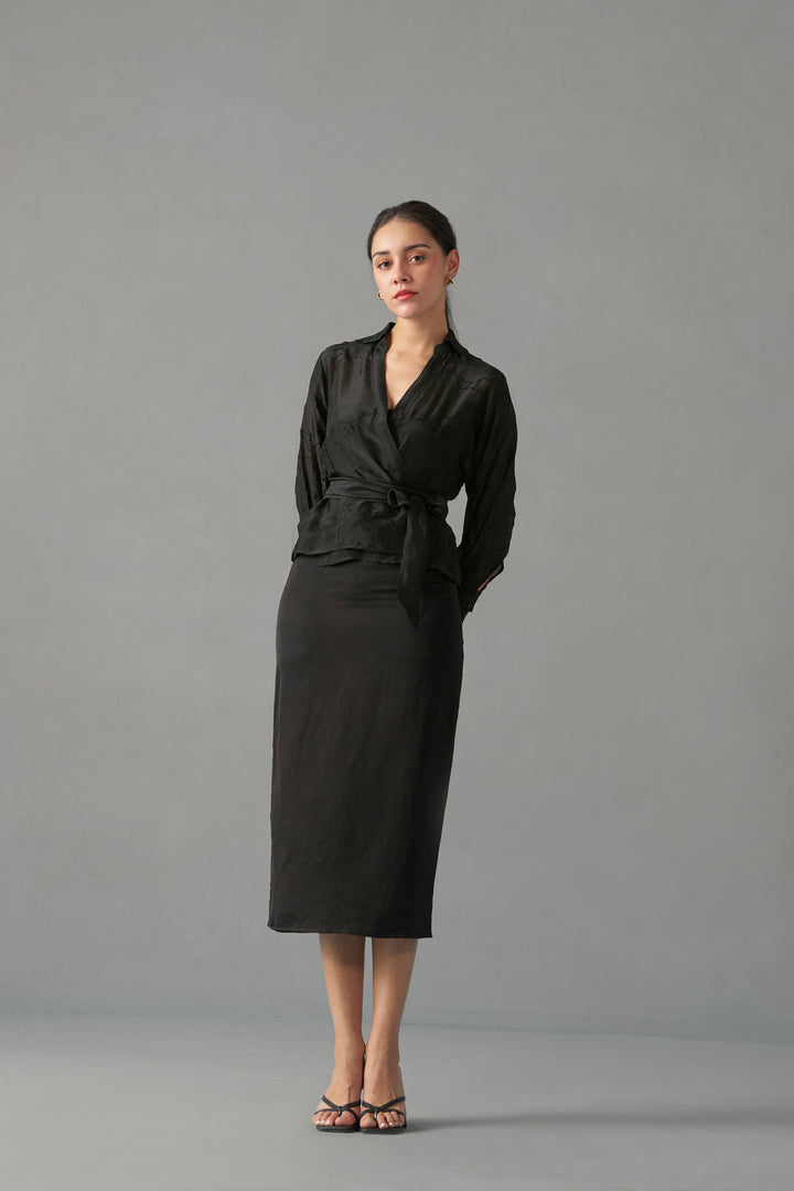 Black Satin Midi Skirt for Women | Pencil Midi Skirt | top & bottom pair view