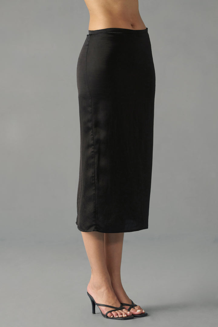 Black Satin Midi Skirt for Women | Pencil Midi Skirt | rightside full view