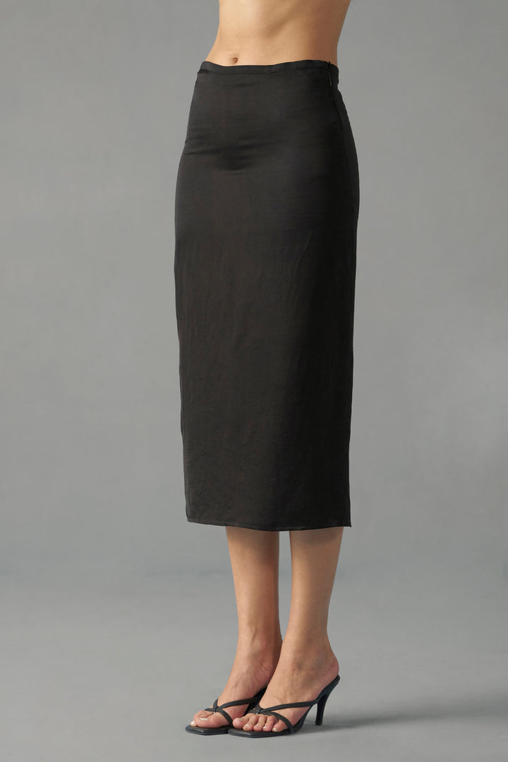 Black Satin Midi Skirt for Women | Pencil Midi Skirt | side view