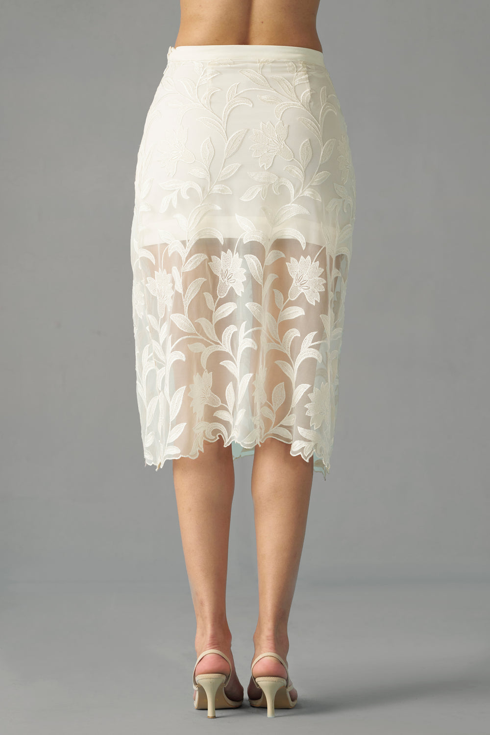 White Semi Sheer Embroidered Skirt for women | backside full view