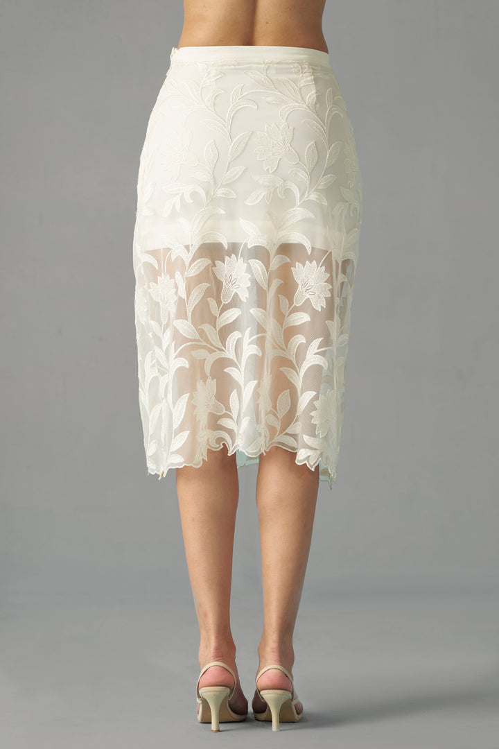 White Semi Sheer Embroidered Skirt for women | backside full view
