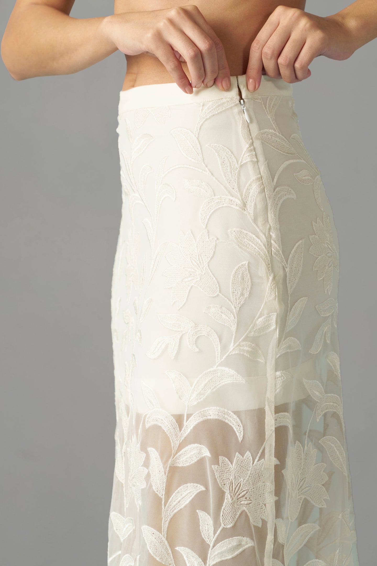 White Semi Sheer Embroidered Skirt for women | leftside  chain design full view