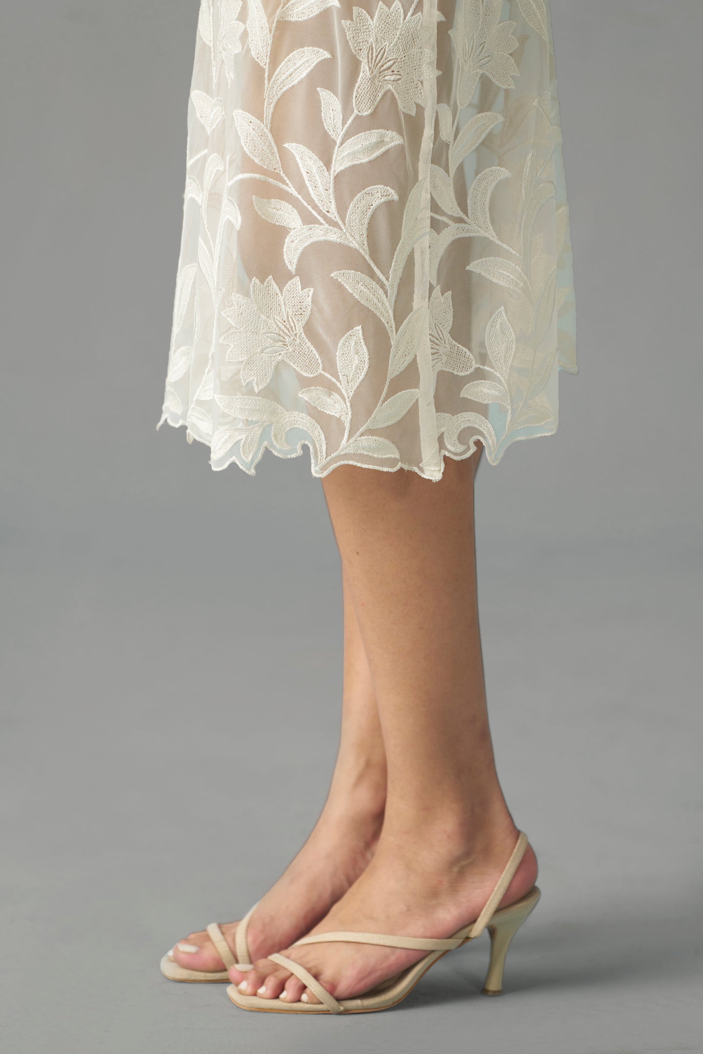 White Semi Sheer Embroidered Skirt for women |side design full view