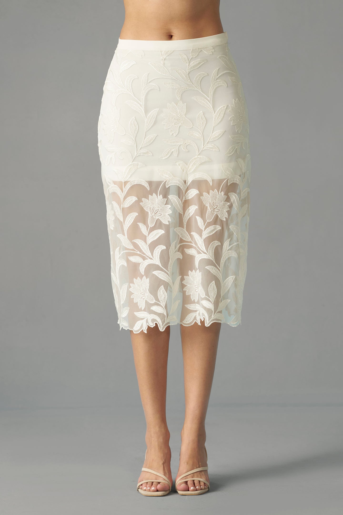 White Semi Sheer Embroidered Skirt for women | frontside full view