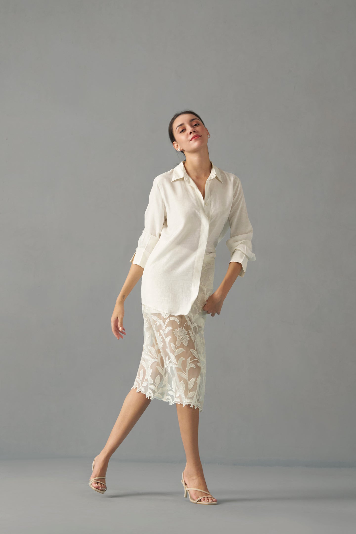 White Semi Sheer Embroidered Skirt for women | frontside full view