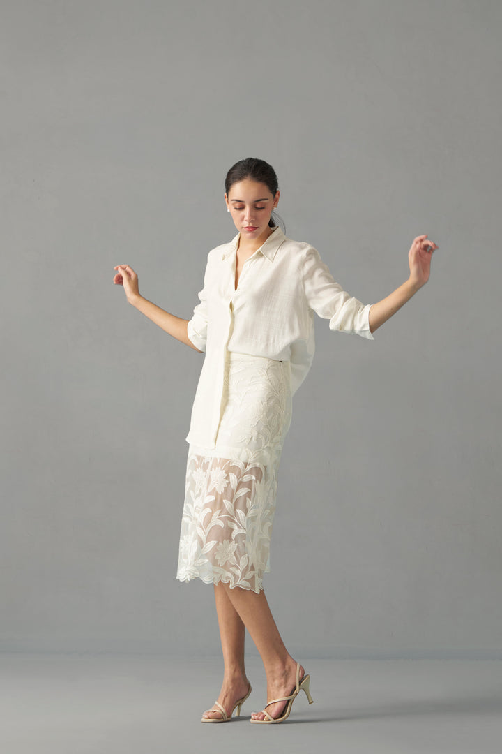 White Semi Sheer Embroidered Skirt for women | frontside top & bottom pair full view