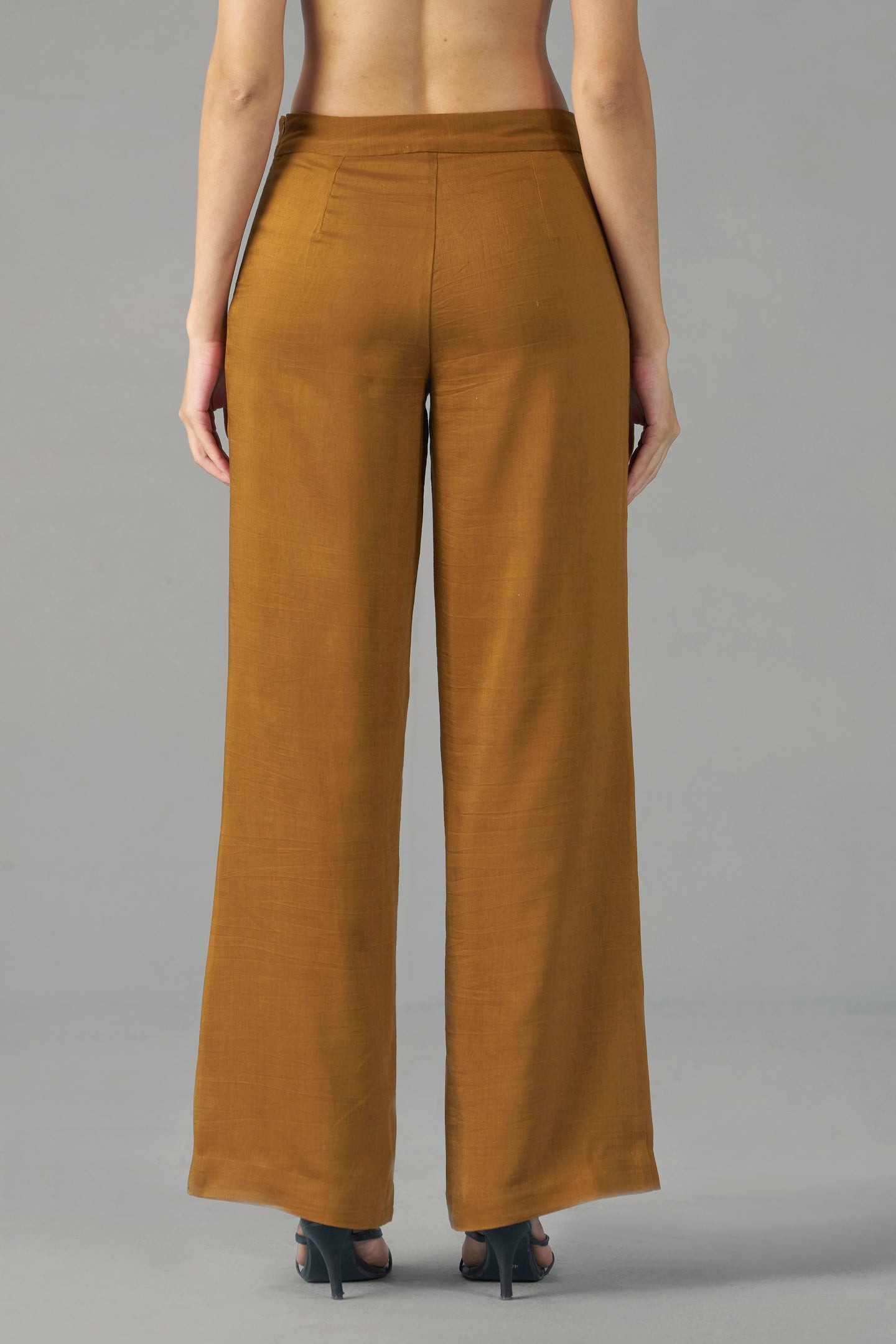 Mustard straight fit trousers for women | back side full view