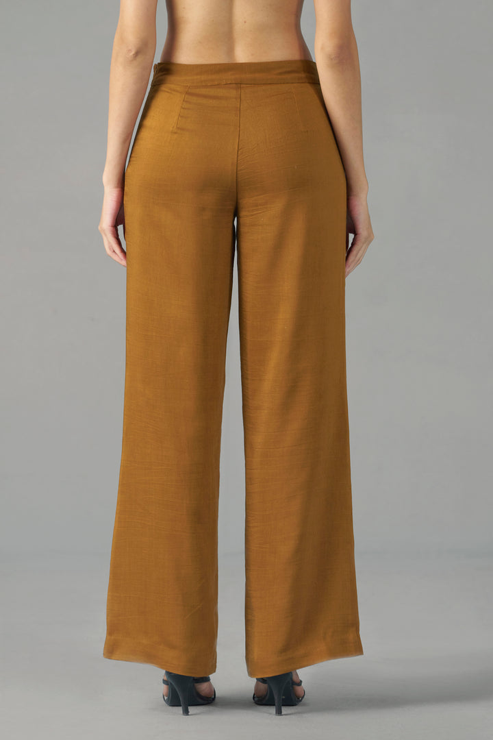 Mustard straight fit trousers for women | back side full view