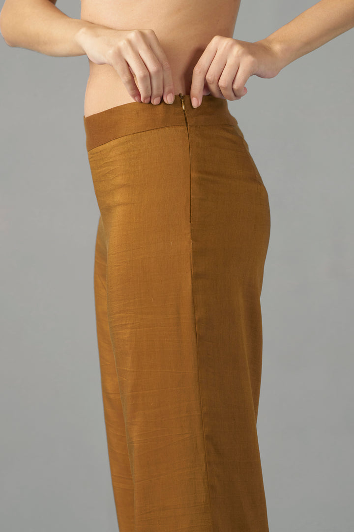 Mustard straight fit trousers for women | rightside design  view