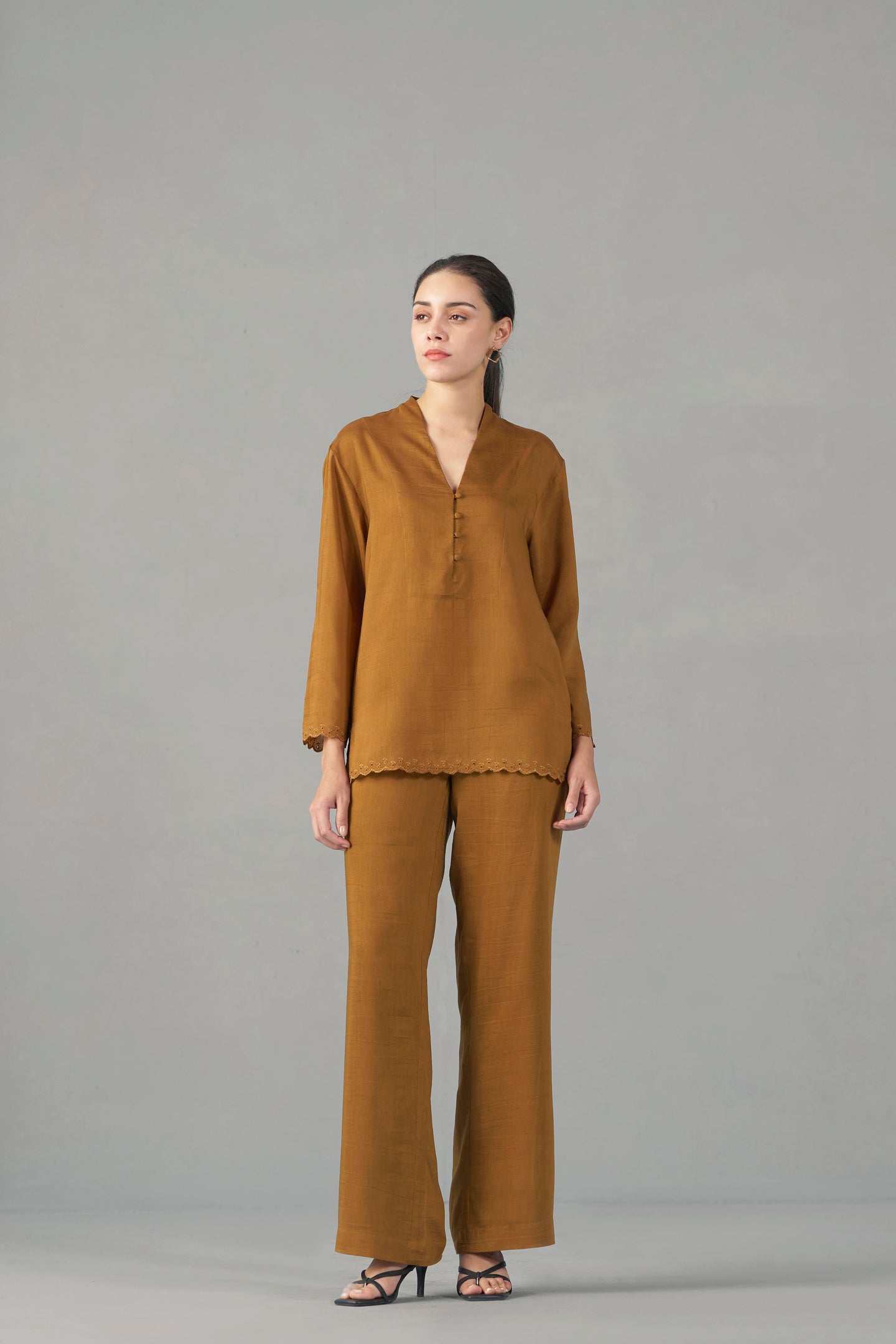 Mustard straight fit trousers for women |  top & bottom  full view