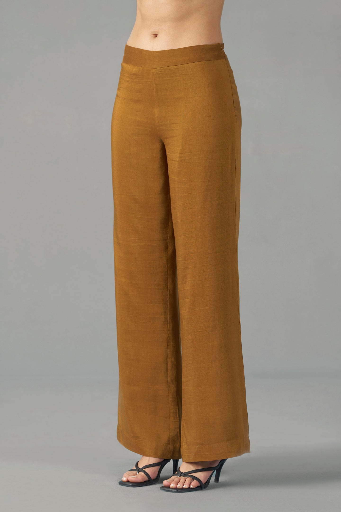 Mustard straight fit trousers for women | front side full view