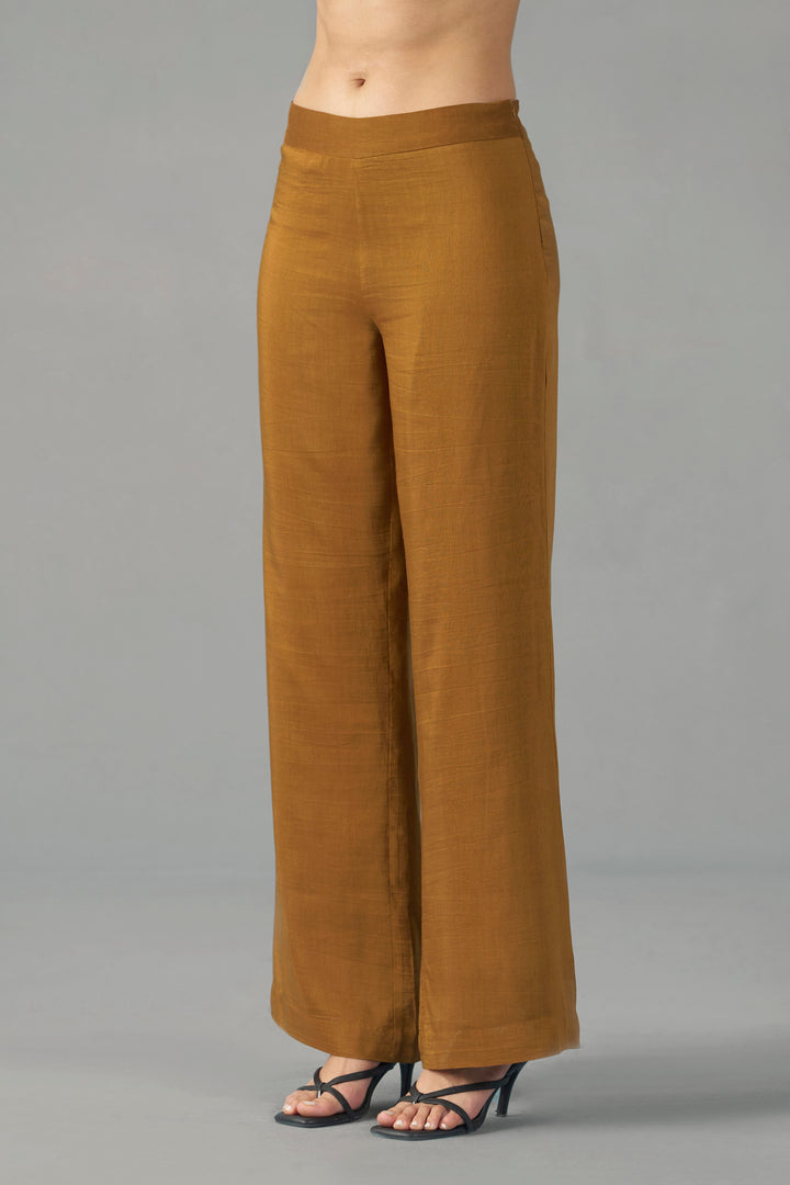 Mustard straight fit trousers for women | front side full view