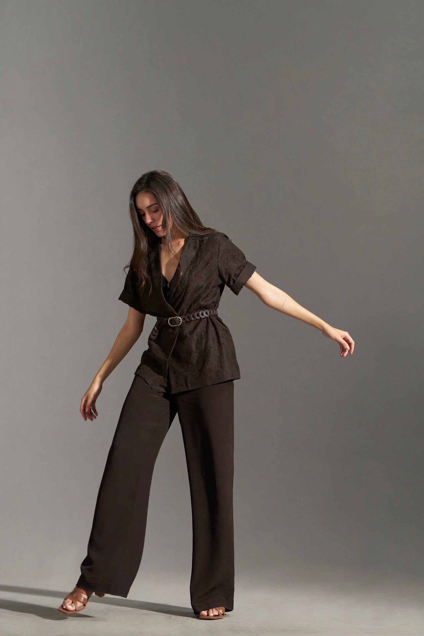 Dark Chocolate straight trousers for women | top & bottom full view