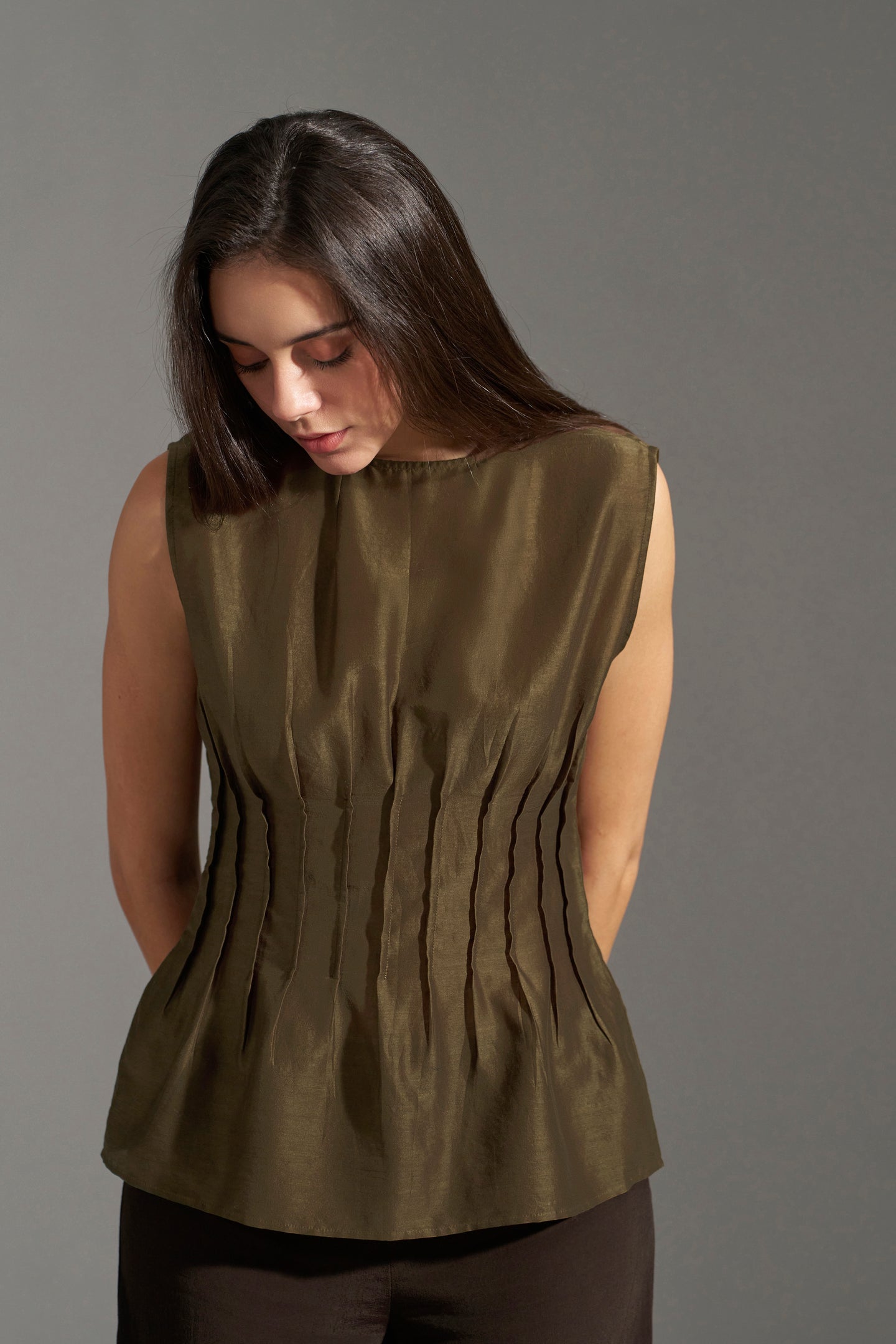 Peplum Tops for Women – Breen Structured Pleated Top | frontside view