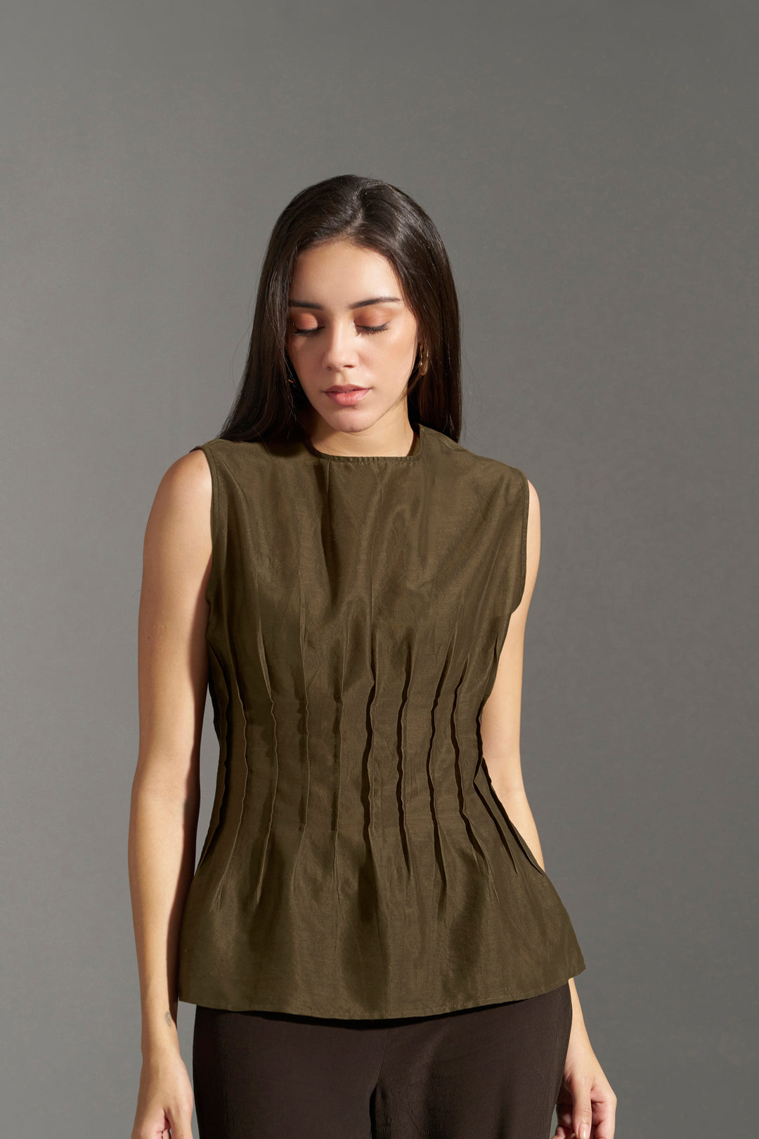 Peplum Tops for Women – Breen Structured Pleated Top | frontside view 