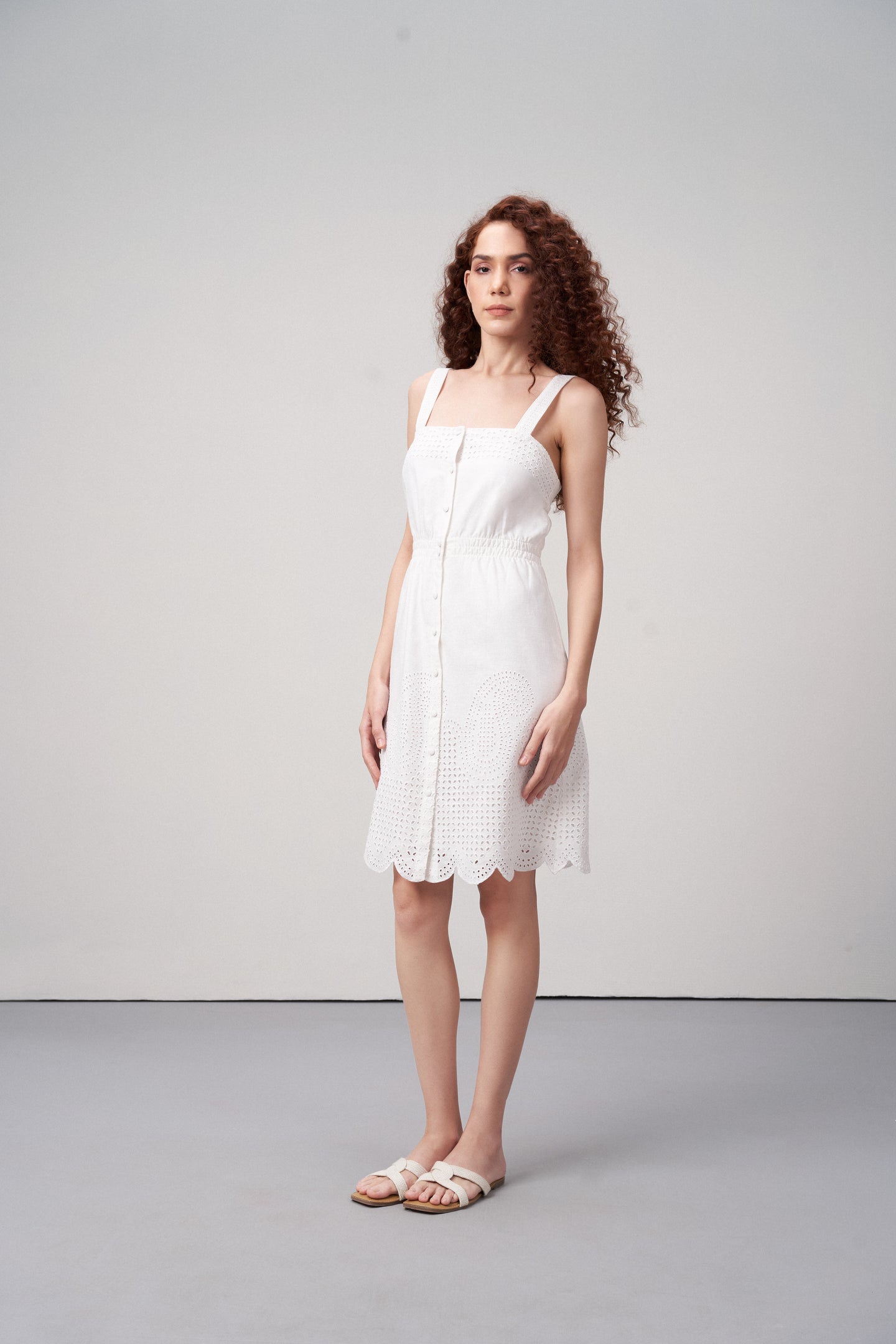 Cotton Square Neckline Spaghetti Straps Eyelet Cutwork Embroidery Scallop Hem Short Dress For Women Ladies White Color Side Model View | White Cotton Eyelet Embroidered Dress – Scallop Hem | Eyelet Embroidery Scalloped Short Dress
