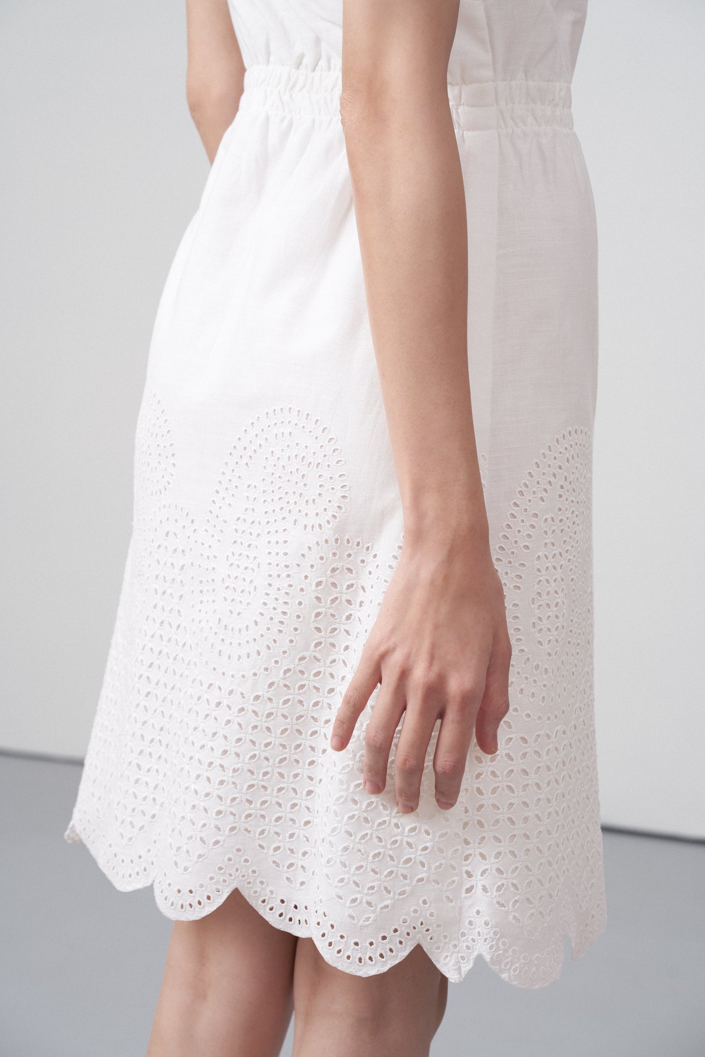 Cotton Square Neckline Spaghetti Straps Eyelet Cutwork Embroidery Scallop Hem Short Dress For Women Ladies White Color Hem Embroidery View | White Cotton Eyelet Embroidered Dress – Scallop Hem | Eyelet Embroidery Scalloped Short Dress

