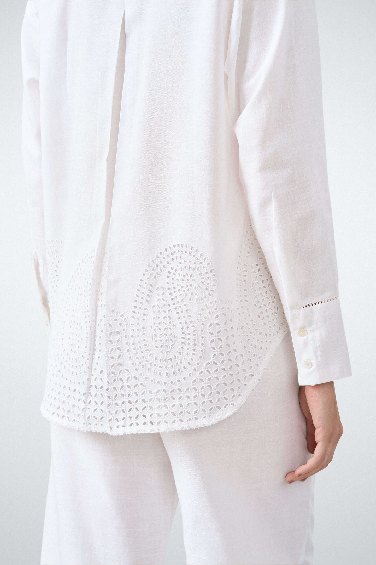 Women Shirt Classic Long Sleeve Button-up Eyelet Embroidery White Color Shirt For Ladies Back Close View | White Eyelet Embroidered Cotton Shirt For Women – Long Sleeve & Breathable