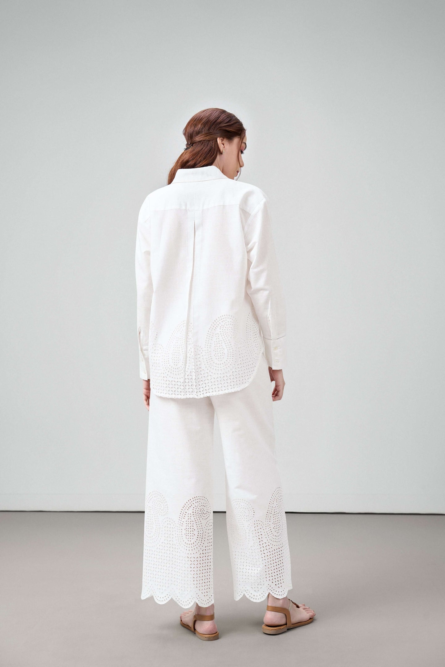 women shirt classic long sleeve button-up eyelet embroidery white color shirt for ladies model back view
