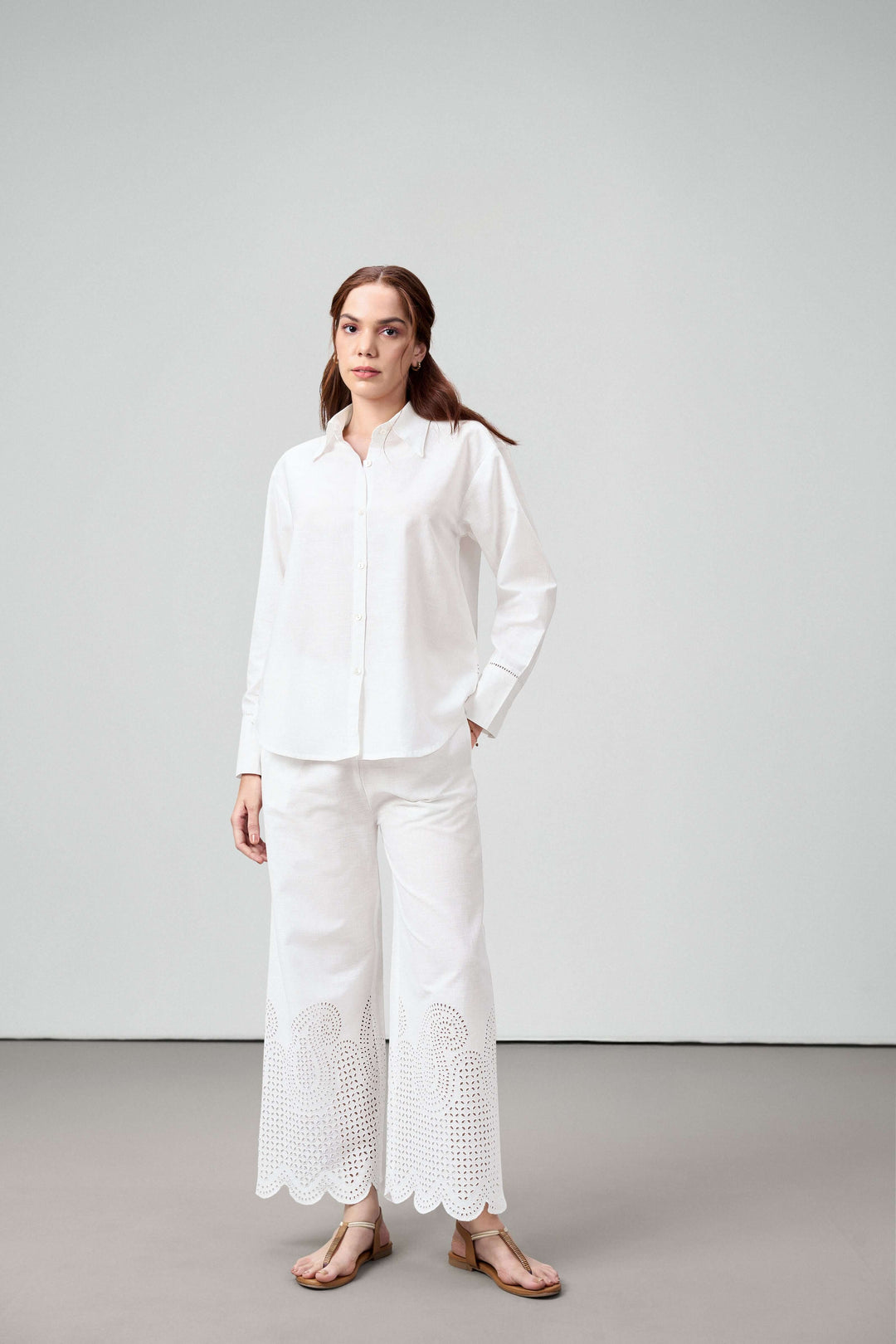 Women Shirt Classic Long Sleeve Button-up Eyelet Embroidery White Color Shirt For Ladies | White Eyelet Embroidered Cotton Shirt For Women – Long Sleeve & Breathable