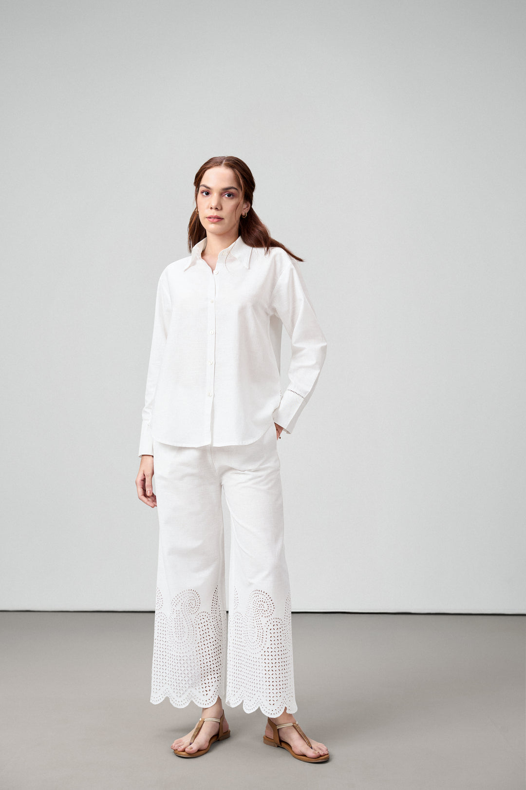 women pants white embroidery eyelet cutwork high rise scallop white trousers 