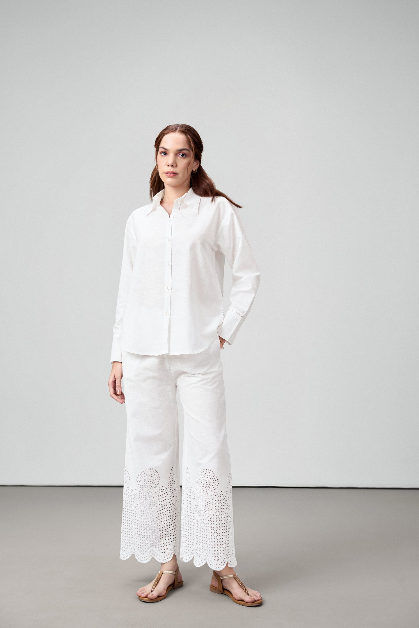 women pants white embroidery eyelet cutwork high rise scallop white trousers 