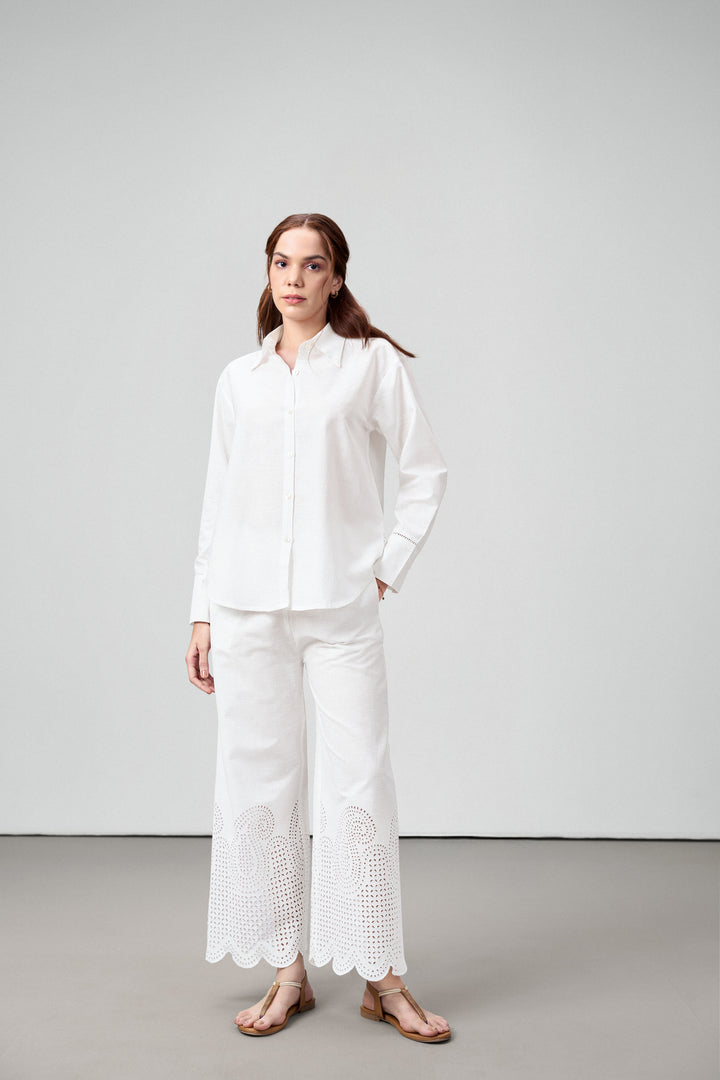 women pants white embroidery eyelet cutwork high rise scallop white trousers 