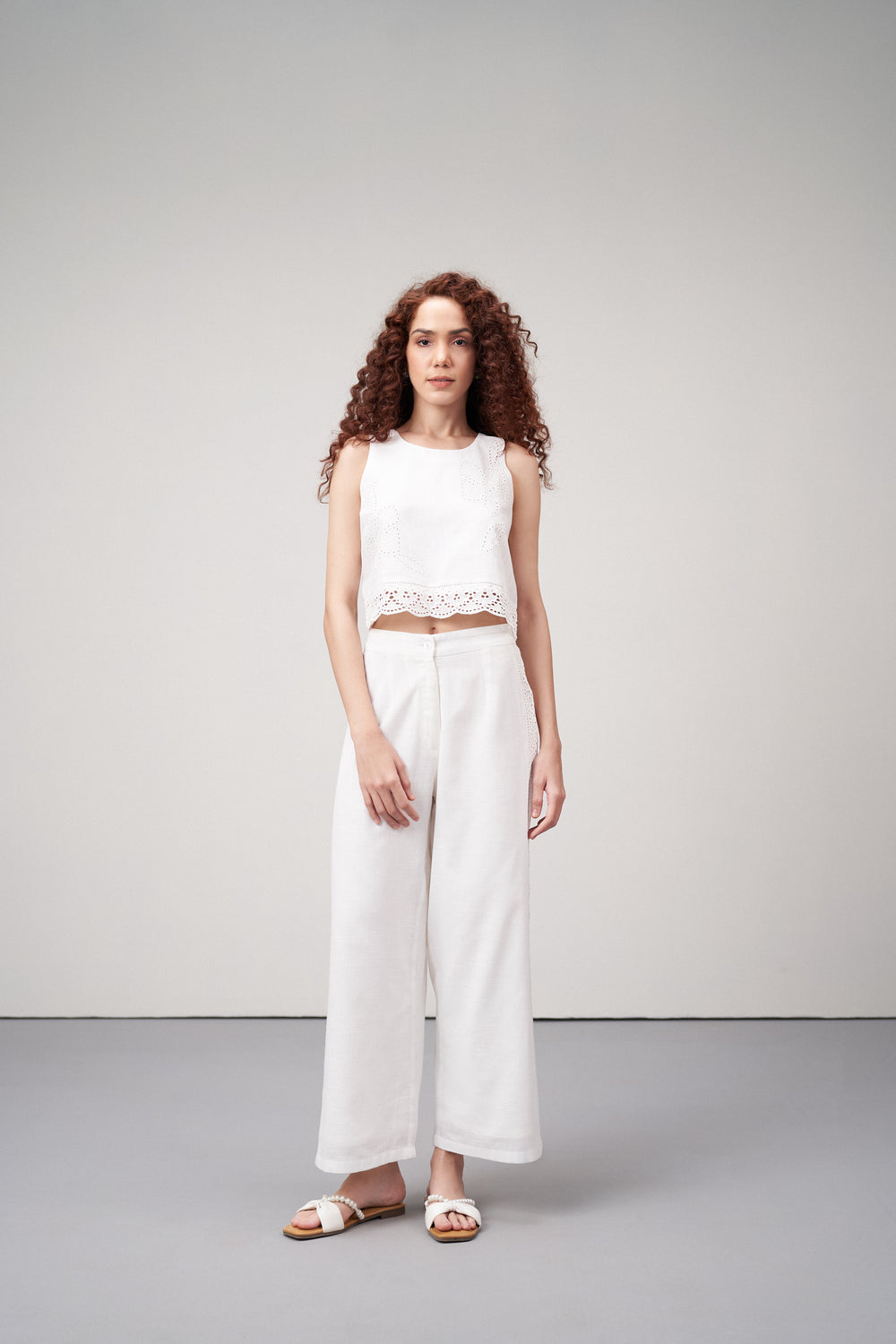 Women Pants Cotton Embroidery Straight Comfortable Fit White Color Ladies Trousers | White Lace Trim Trousers For Women | Women's Pants | Full Body Front View Lace Trim Trousers