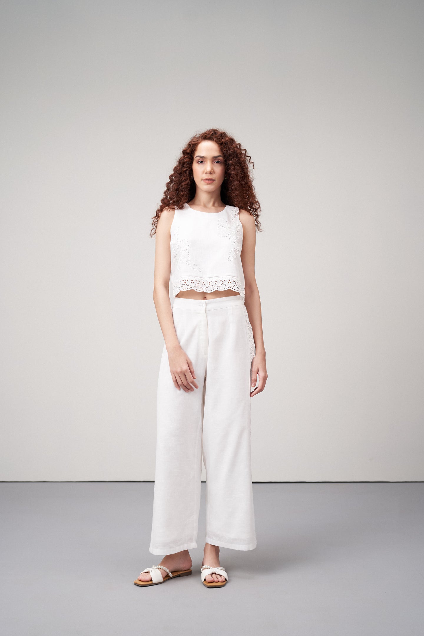 Women Pants Cotton Embroidery Straight Comfortable Fit White Color Ladies Trousers | White Lace Trim Trousers For Women | Women's Pants | Full Body Front View Lace Trim Trousers