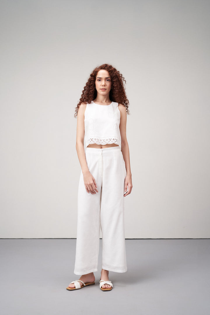 Women Pants Cotton Embroidery Straight Comfortable Fit White Color Ladies Trousers | White Lace Trim Trousers For Women | Women's Pants | Full Body Front View Lace Trim Trousers