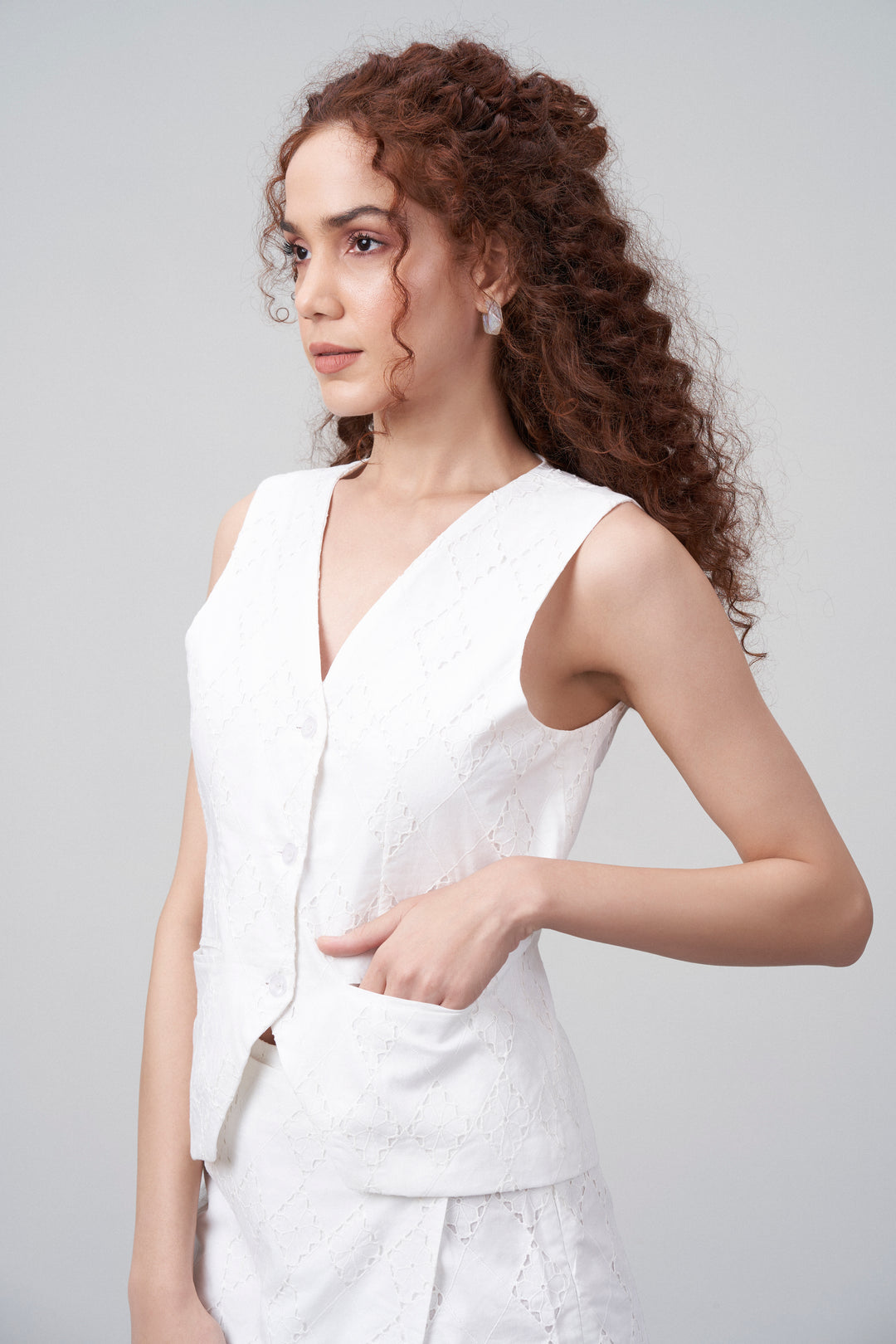 White Cotton Eyelet Embroidered Waistcoat For Women | Eyelet Embroidery Waistcoat for Front Pocket Model View
