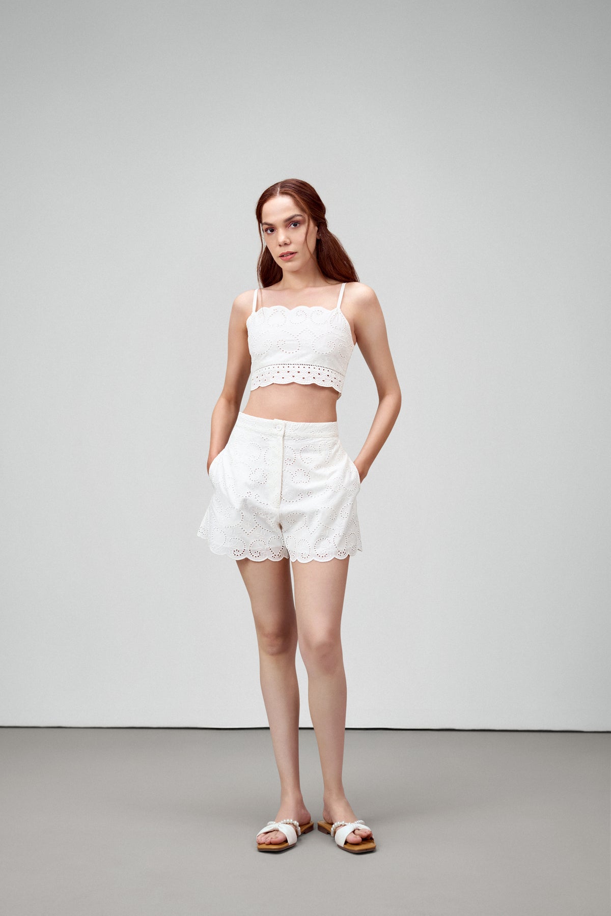 HIGH WAISTED EYELET EMBROIDERY SHORTS White / S HIGH WAISTED EYELET EMBROIDERY SHORTS White / S