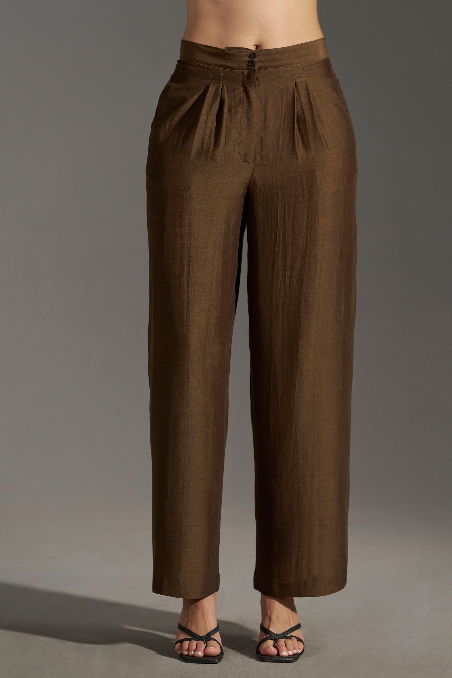 Brown wide leg pleated trousers womens | Frontside full view