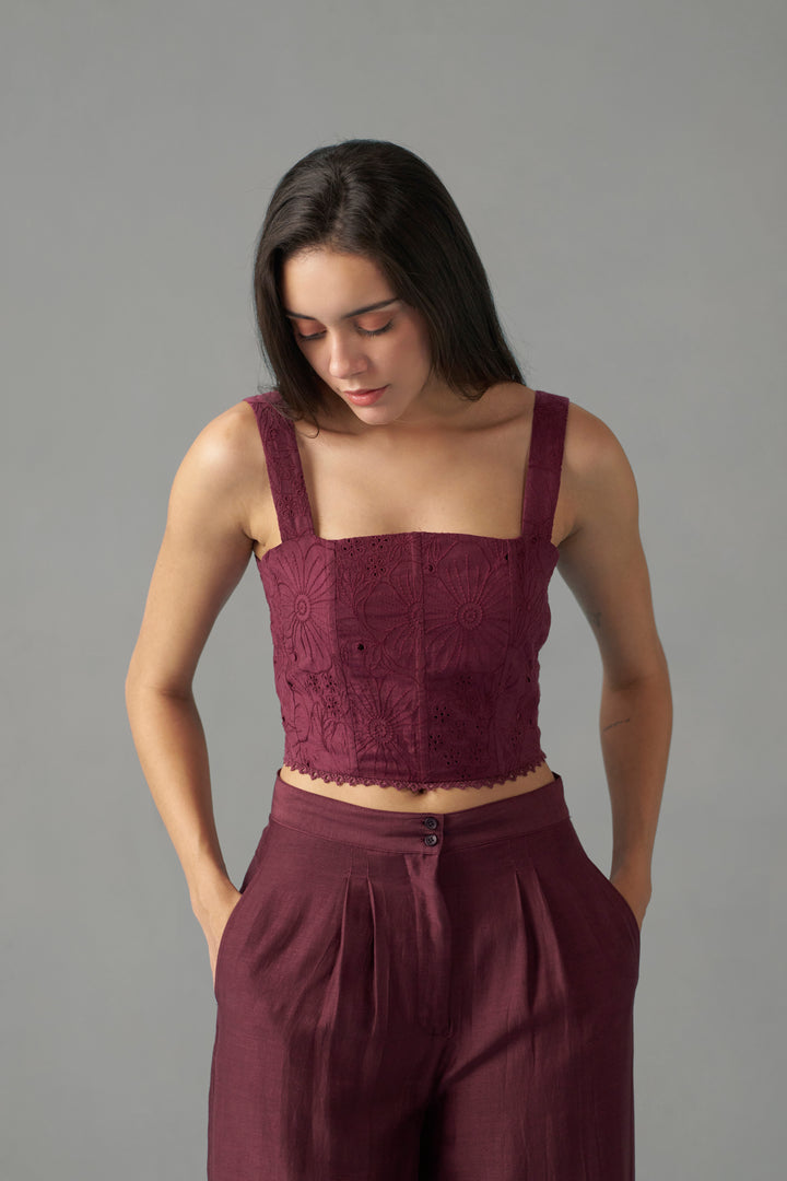 Wine Embroidered Corset Tops for Women | Women tops | frontside vew