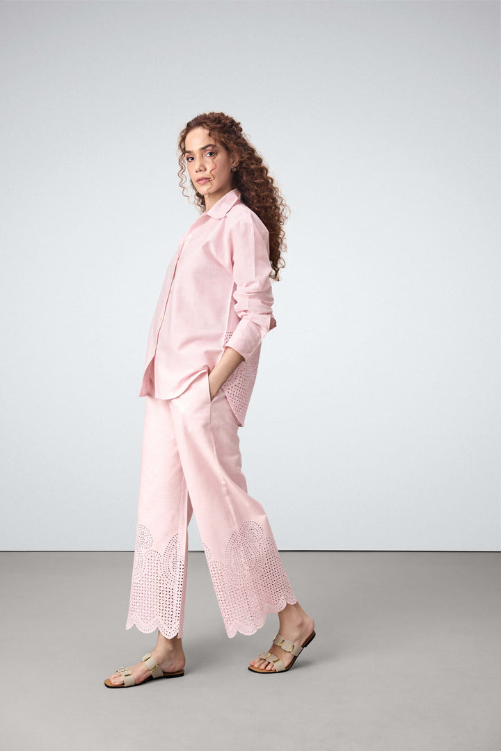 Women Shirt Classic Long Sleeve Button-up Eyelet Embroidery Pink Color Shirt For Ladies Model Left Side View | Pink Eyelet Embroidered Cotton Shirt For Women – Long Sleeve & Breathable
