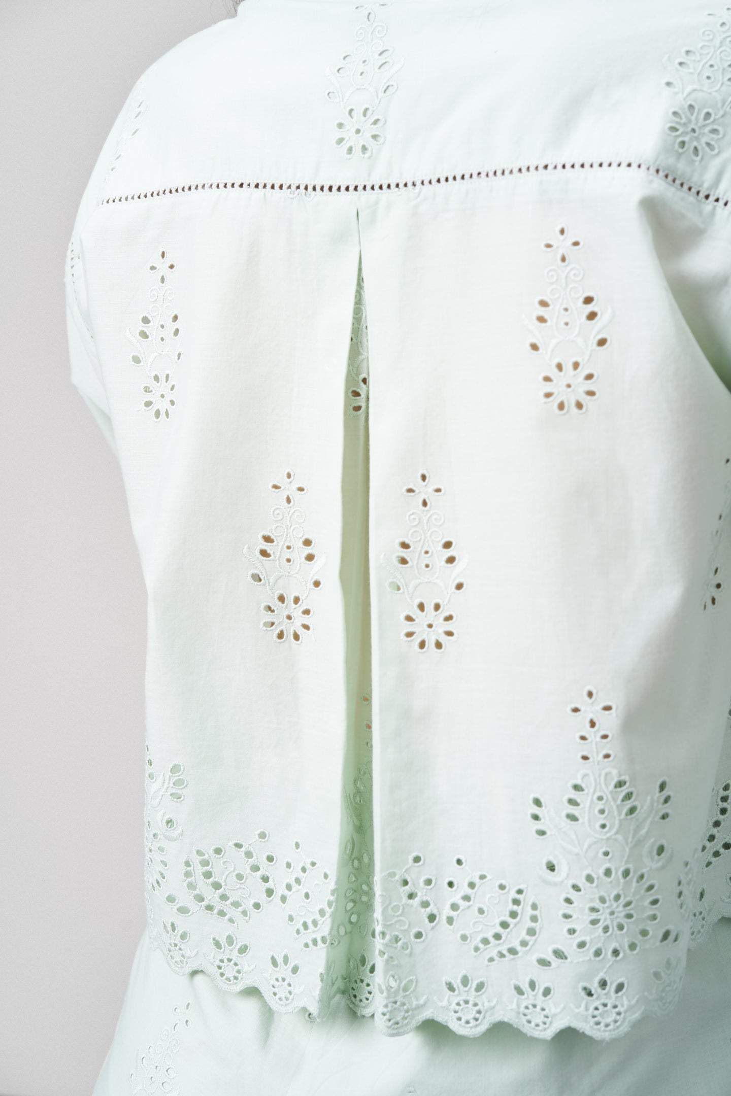 Cotton Cutwork Embroidery Scallop Sleeve Hem White Color Crop Short Sleeve Shirt For Ladies Women | Light Green Cotton Eyelet Embroidered Crop Shirt For Women