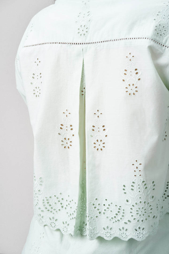 Cotton Cutwork Embroidery Scallop Sleeve Hem White Color Crop Short Sleeve Shirt For Ladies Women | Light Green Cotton Eyelet Embroidered Crop Shirt For Women