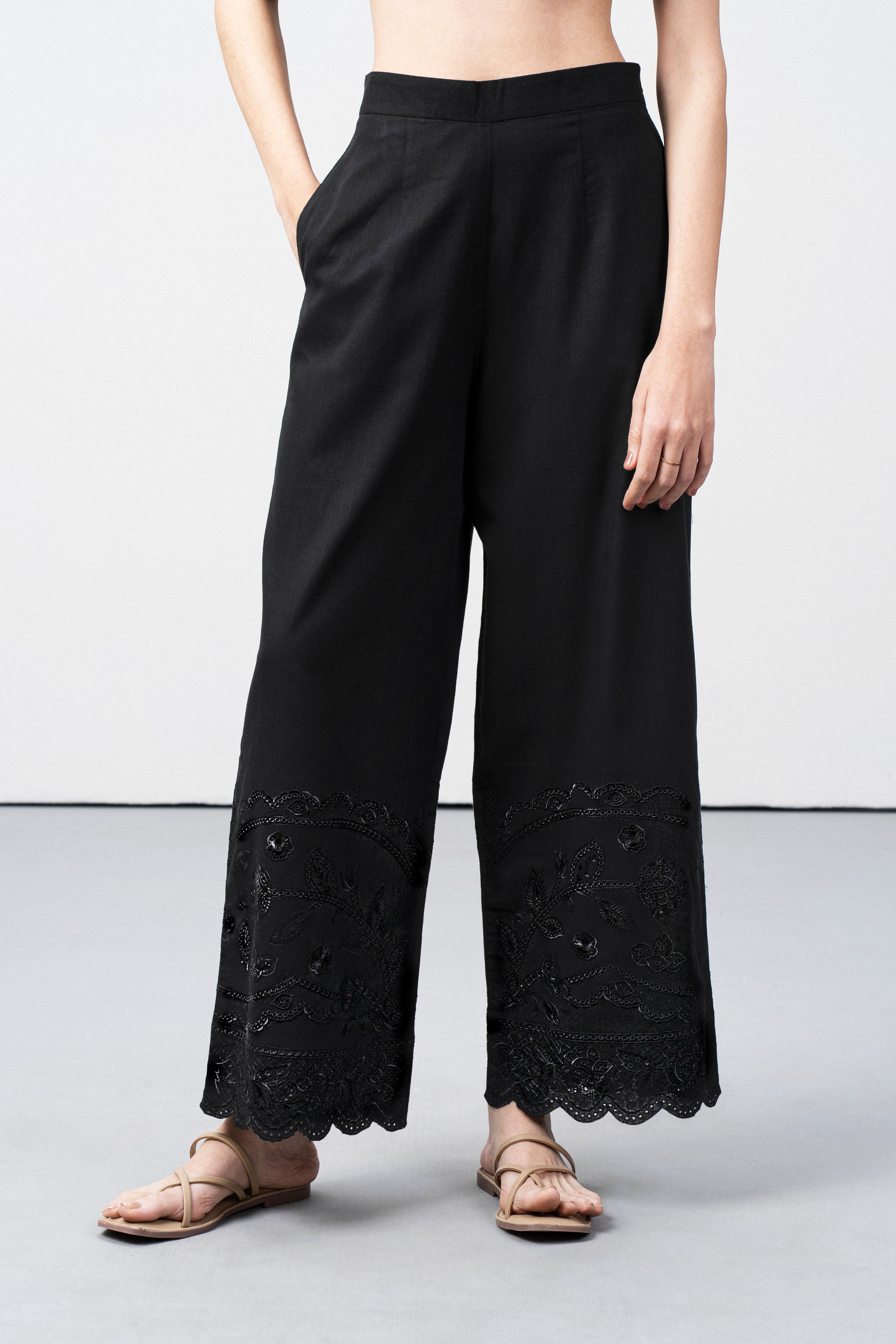 mlouren cutwork embroidery pant ブラック Buy Black Embroidered Trousers Women | Cotton Pants for women – Sava