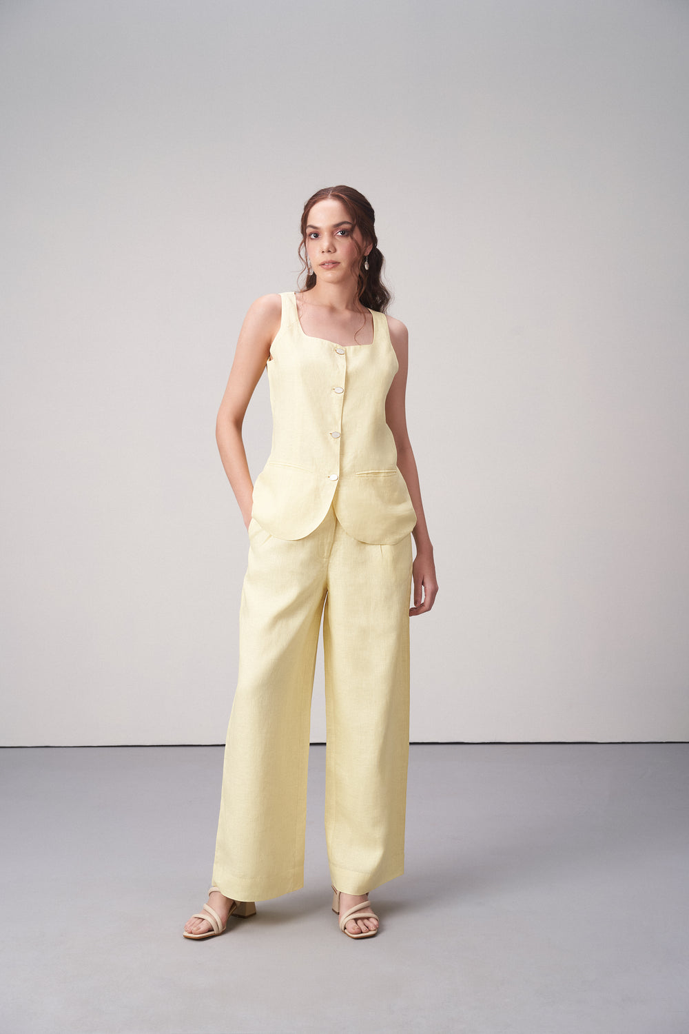 Women Pants Light Yellow 100% Linen Straight Fit Button Zip Closure Side | Pockets Suit Trousers For Ladies | Women's 100% Linen Golden Yellow Suit Trousers | Women's Pants  | Full Body View LINEN TROUSERS