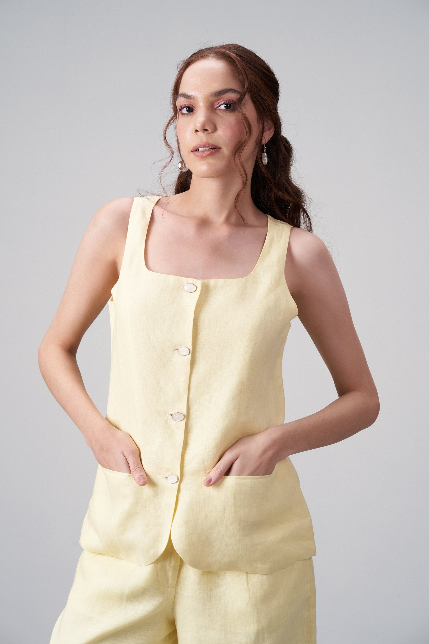 Golden Dune Linen Waistcoat For Women – Stylish Button-front Vest | Linen Buttoned Waistcoat For Model View
